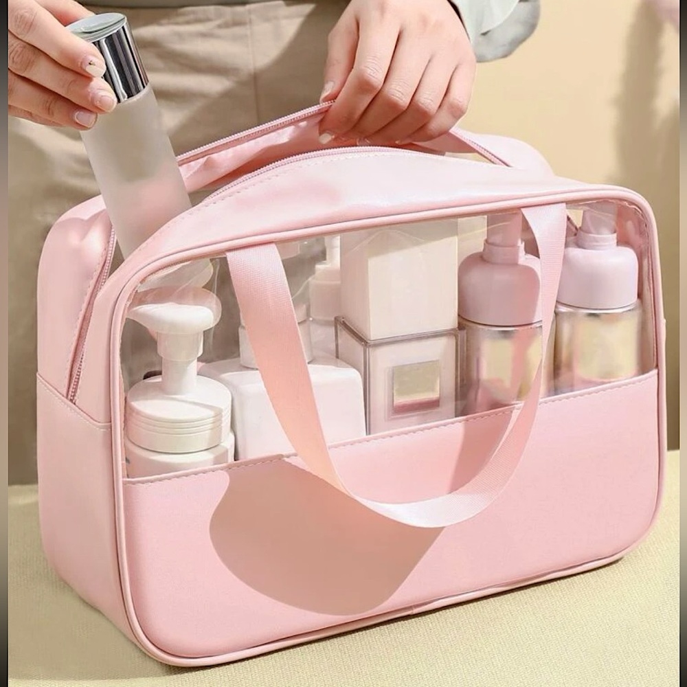 Clear Square Makeup & Toiletries Carry Bag w Handles, Pink.